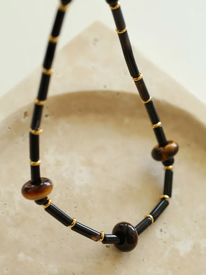 Black Onyx Tiger's Eye Stone Beaded Necklace