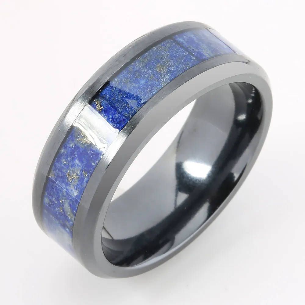 Black Titanium Lapis Lazuli Inlaid Beveled Edge Wedding Ring 8mm