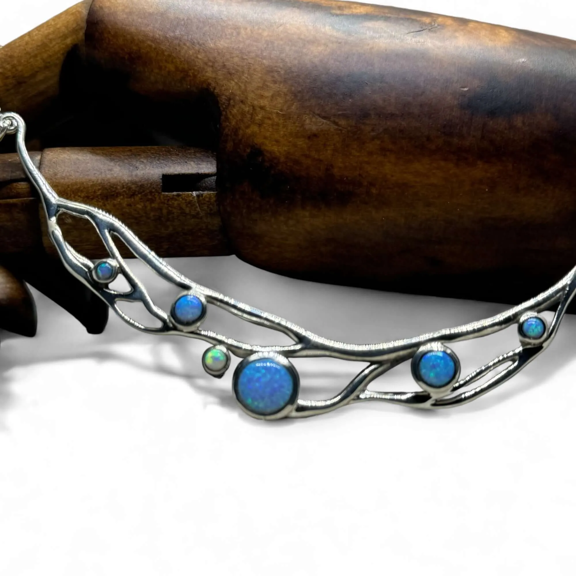 Blue and White Opal Organic Crescent Necklace