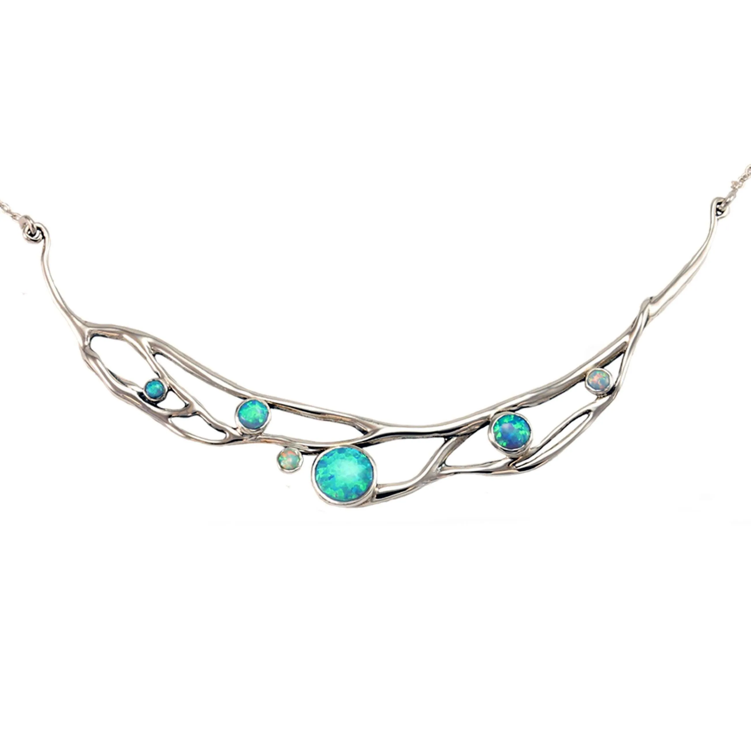 Blue and White Opal Organic Crescent Necklace