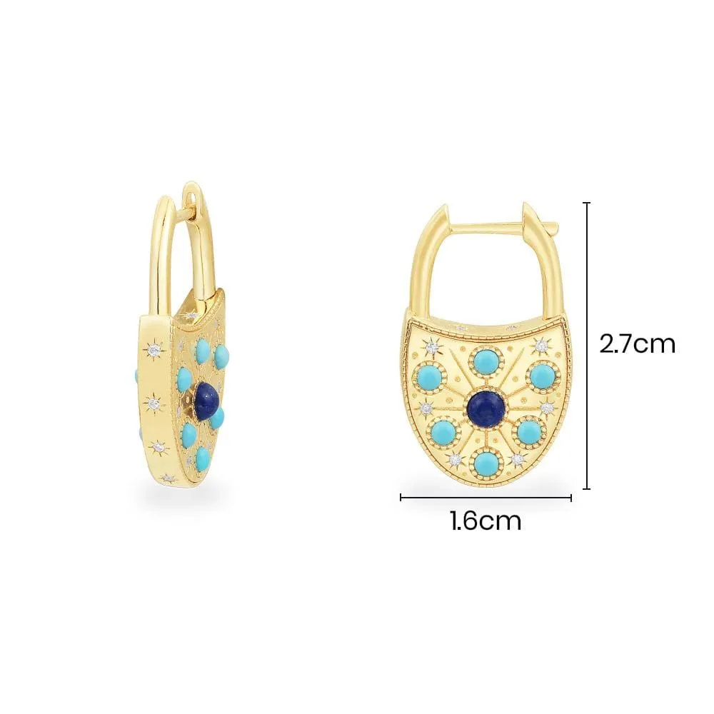 Blue Stone Lock Hoop Earrings - Yellow Silver