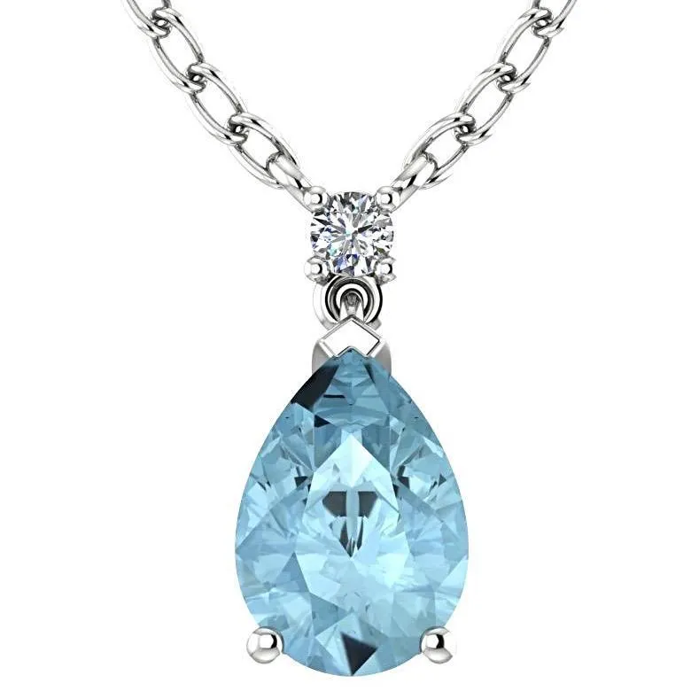 Blue Topaz Pear Shaped Pendant Diamond Necklace 14K White Gold