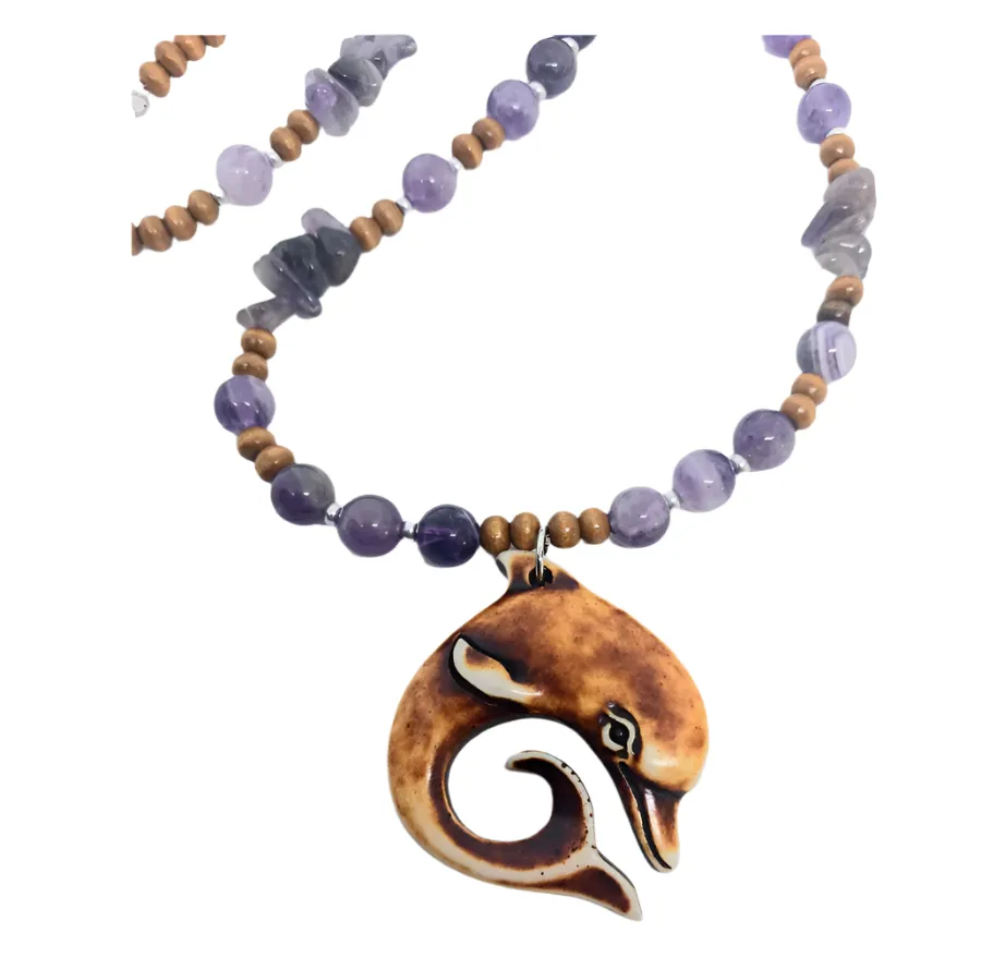 Bone Dolphin Pendant Necklace with Dream Amethyst Crystal