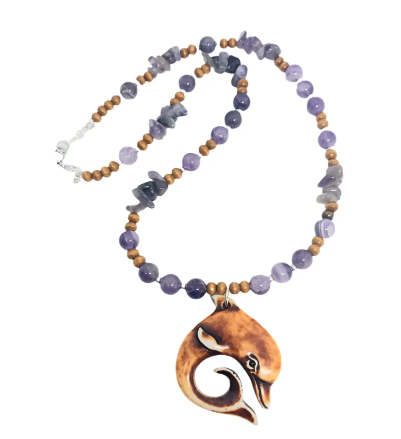 Bone Dolphin Pendant Necklace with Dream Amethyst Crystal