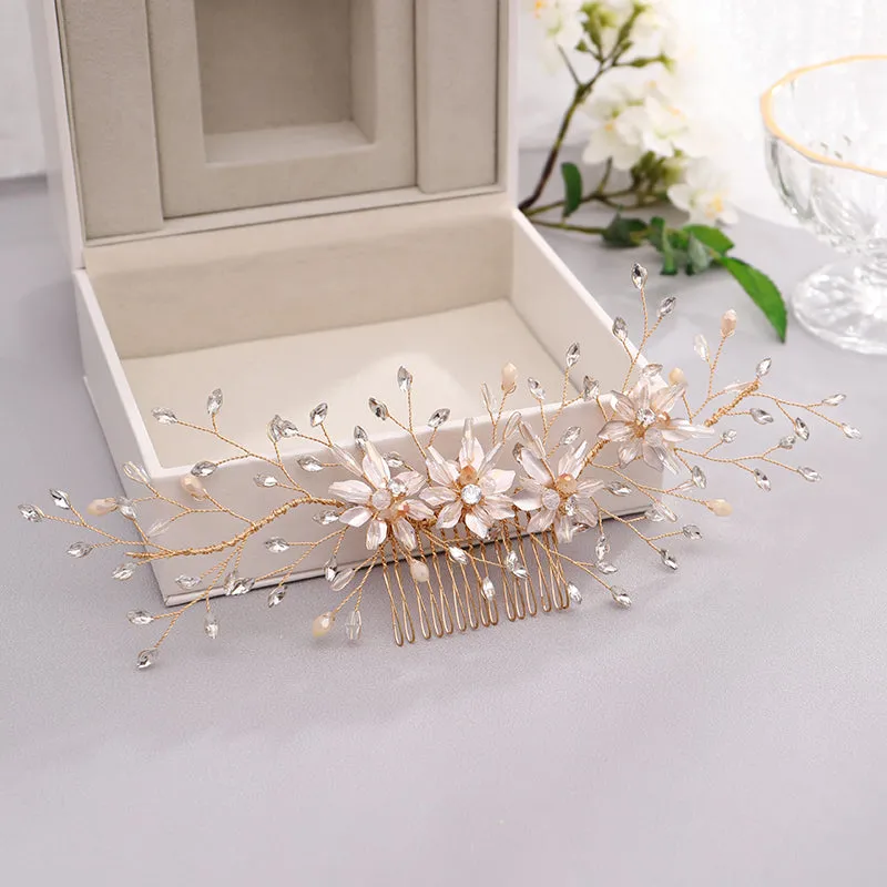 Bridal Hair Comb Gold Flower Crystal Wedding Hair Jewelry