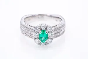 Bright Natural Oval Emerald Gemstone w/ Diamond Halo Accent 18k 750 White Gold Ring Sz 7