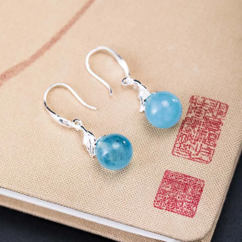 Buddha Stones 925 Sterling Silver Natural Aquamarine Leaf Flower Peace Earrings Necklace