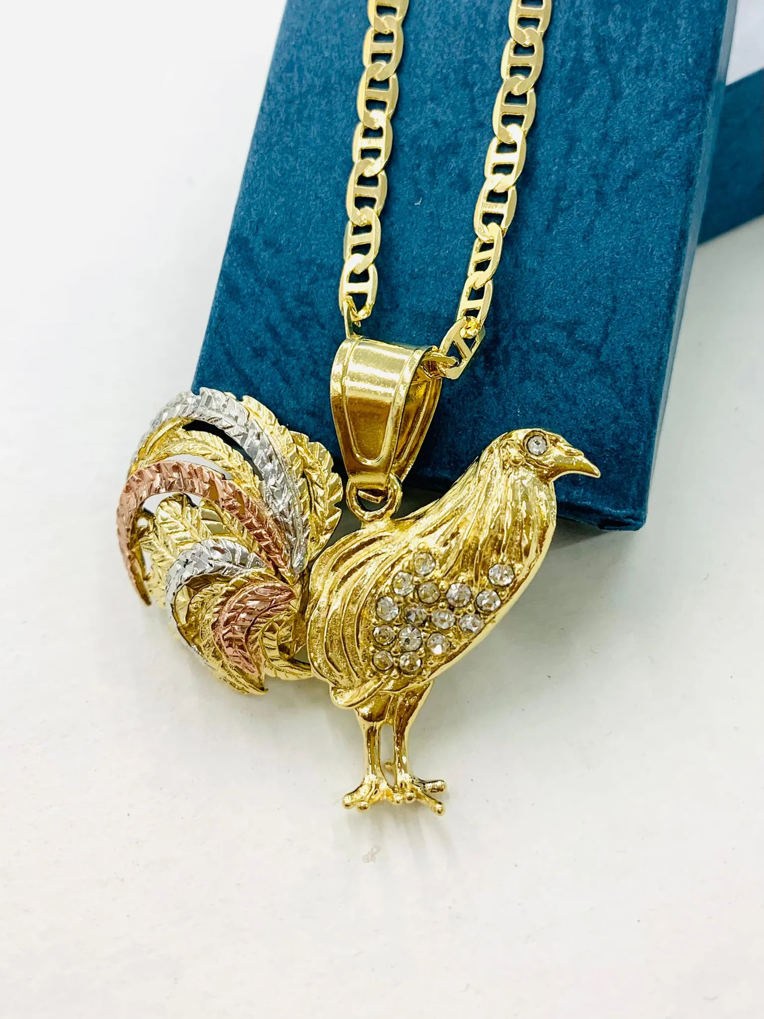 Cadena y Medalla De Oro Para Hombre De Gallo 3 Oros 33x45 18K Gold Filled Chicken Rooster Pendant Necklace for Mens Womens Mariner Chain 24"