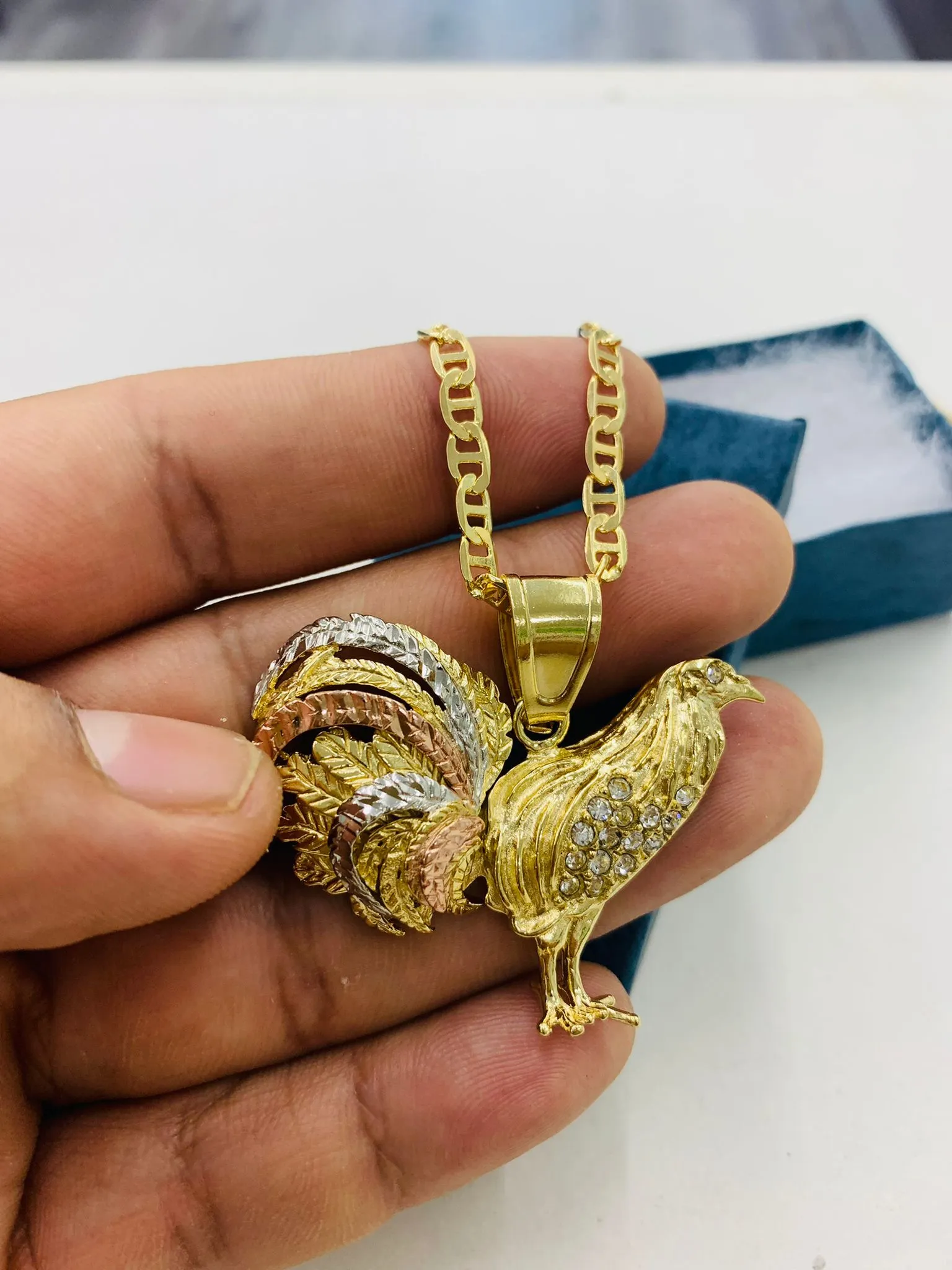 Cadena y Medalla De Oro Para Hombre De Gallo 3 Oros 33x45 18K Gold Filled Chicken Rooster Pendant Necklace for Mens Womens Mariner Chain 24"