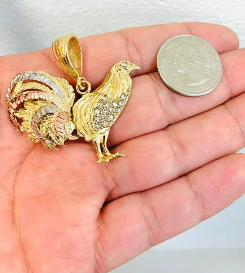 Cadena y Medalla De Oro Para Hombre De Gallo 3 Oros 33x45 18K Gold Filled Chicken Rooster Pendant Necklace for Mens Womens Mariner Chain 24"