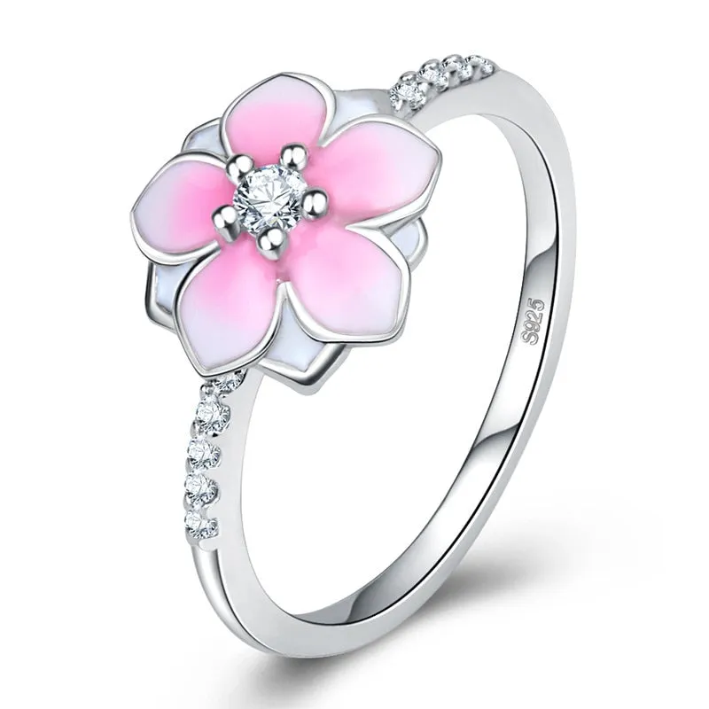 Chinese Jewelry Peach Blossom Enamel Ring for Women with Zircon in 925 Silver