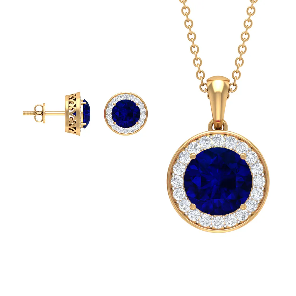 Classic Lab Grown Blue Sapphire And Moissanite Halo Bridal Jewelry Set