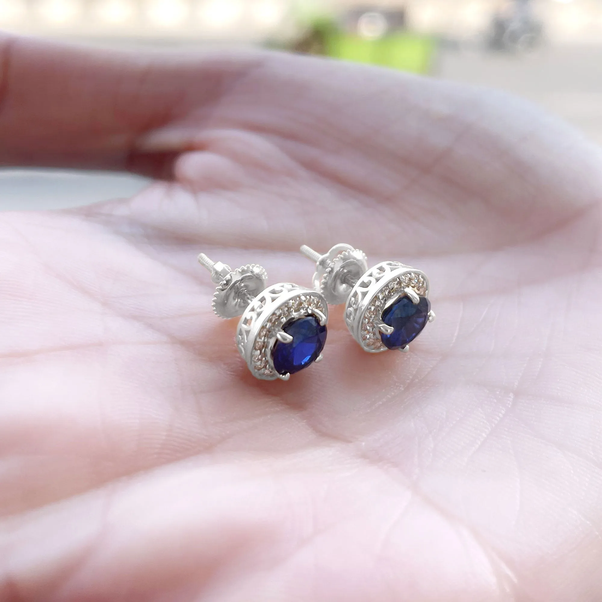 Classic Lab Grown Blue Sapphire And Moissanite Halo Bridal Jewelry Set