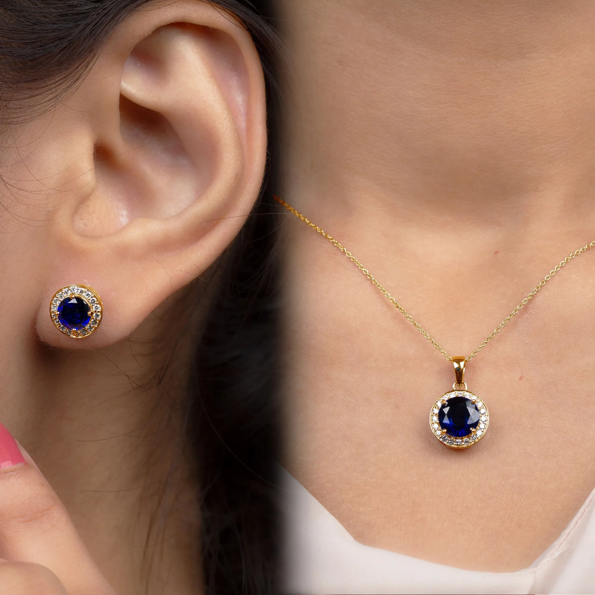 Classic Lab Grown Blue Sapphire And Moissanite Halo Bridal Jewelry Set