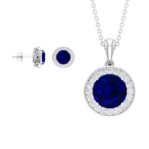 Classic Lab Grown Blue Sapphire And Moissanite Halo Bridal Jewelry Set