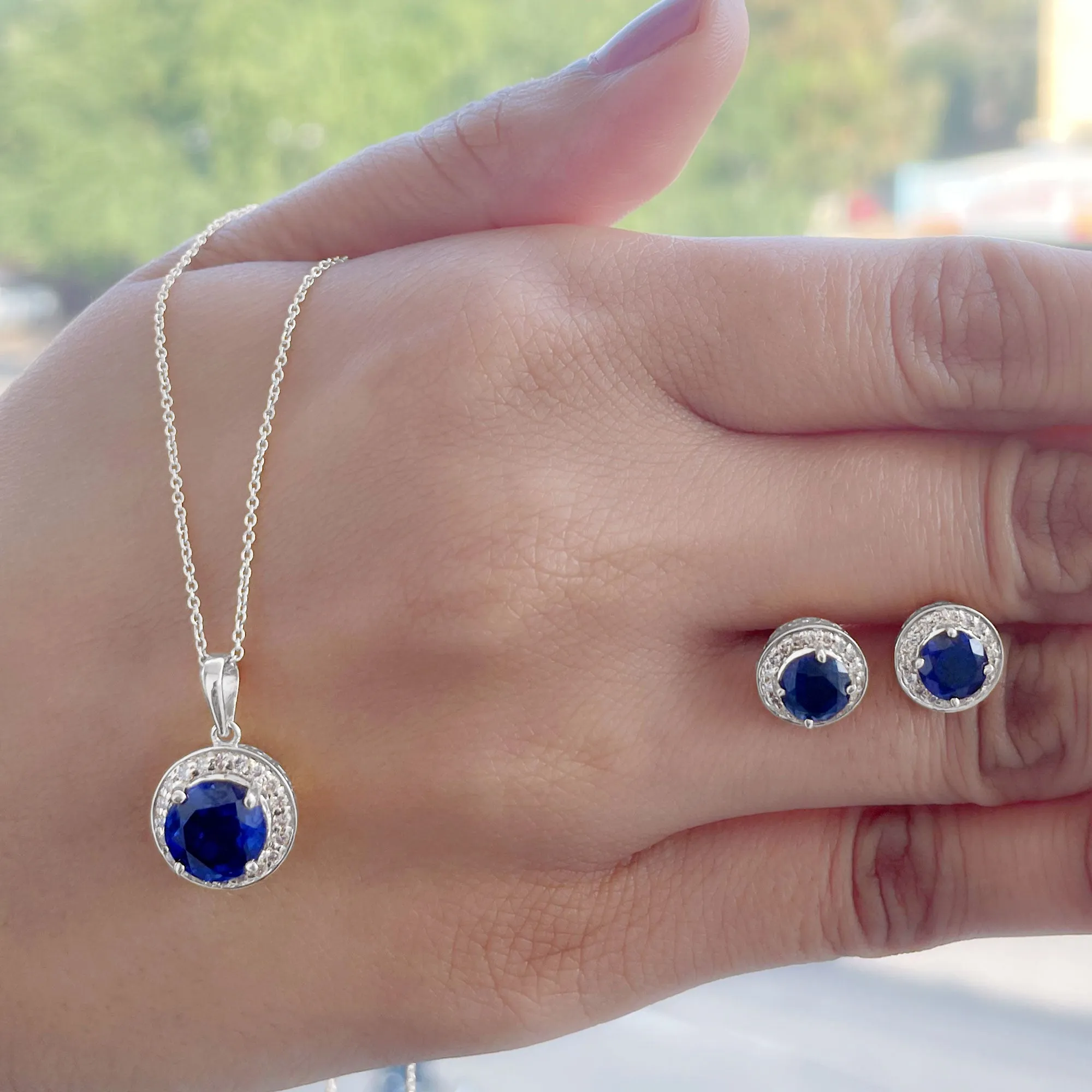 Classic Lab Grown Blue Sapphire And Moissanite Halo Bridal Jewelry Set