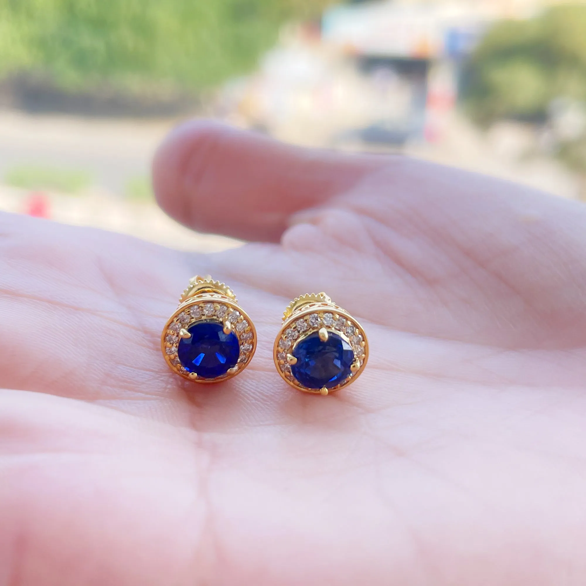 Classic Lab Grown Blue Sapphire And Moissanite Halo Bridal Jewelry Set