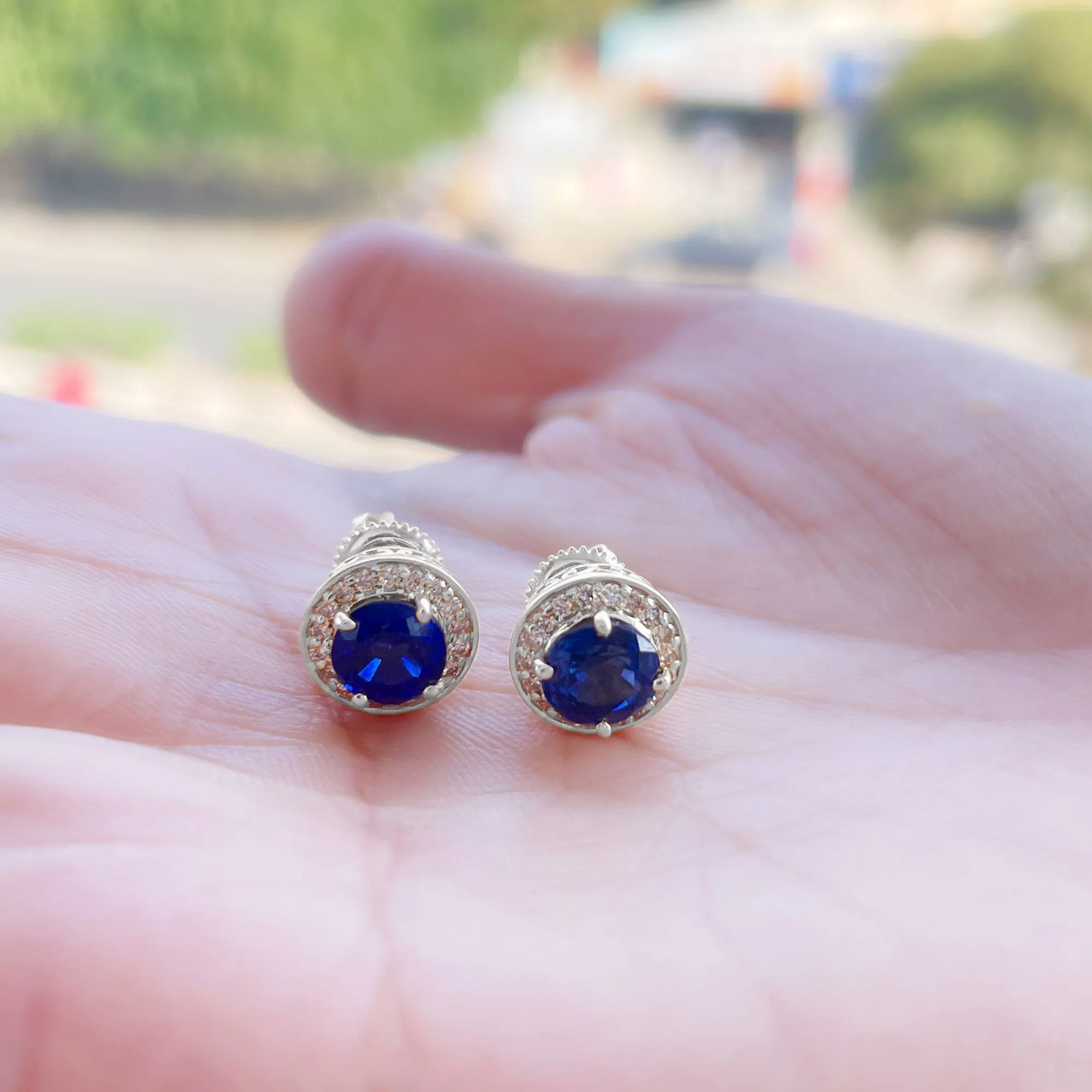 Classic Lab Grown Blue Sapphire And Moissanite Halo Bridal Jewelry Set