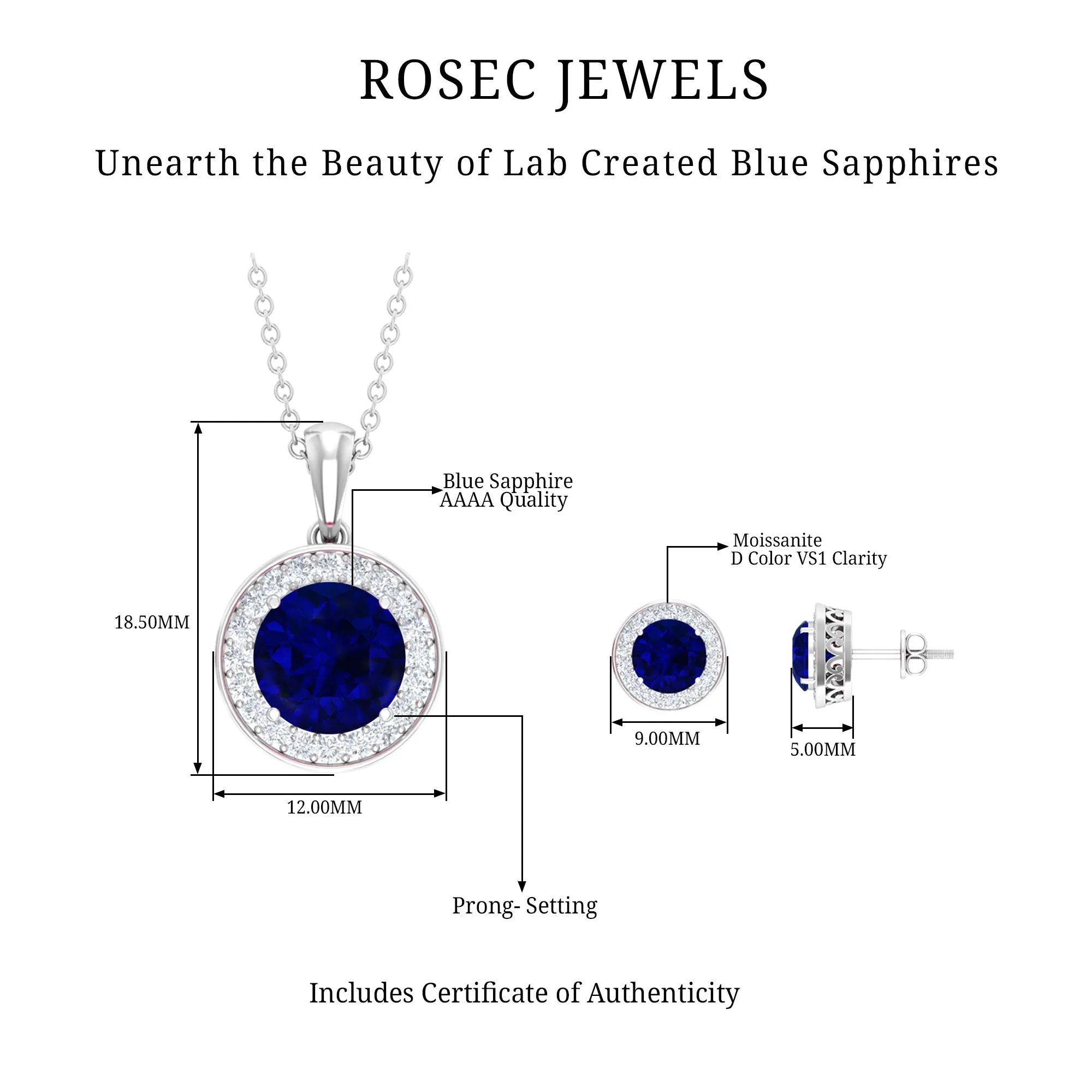 Classic Lab Grown Blue Sapphire And Moissanite Halo Bridal Jewelry Set