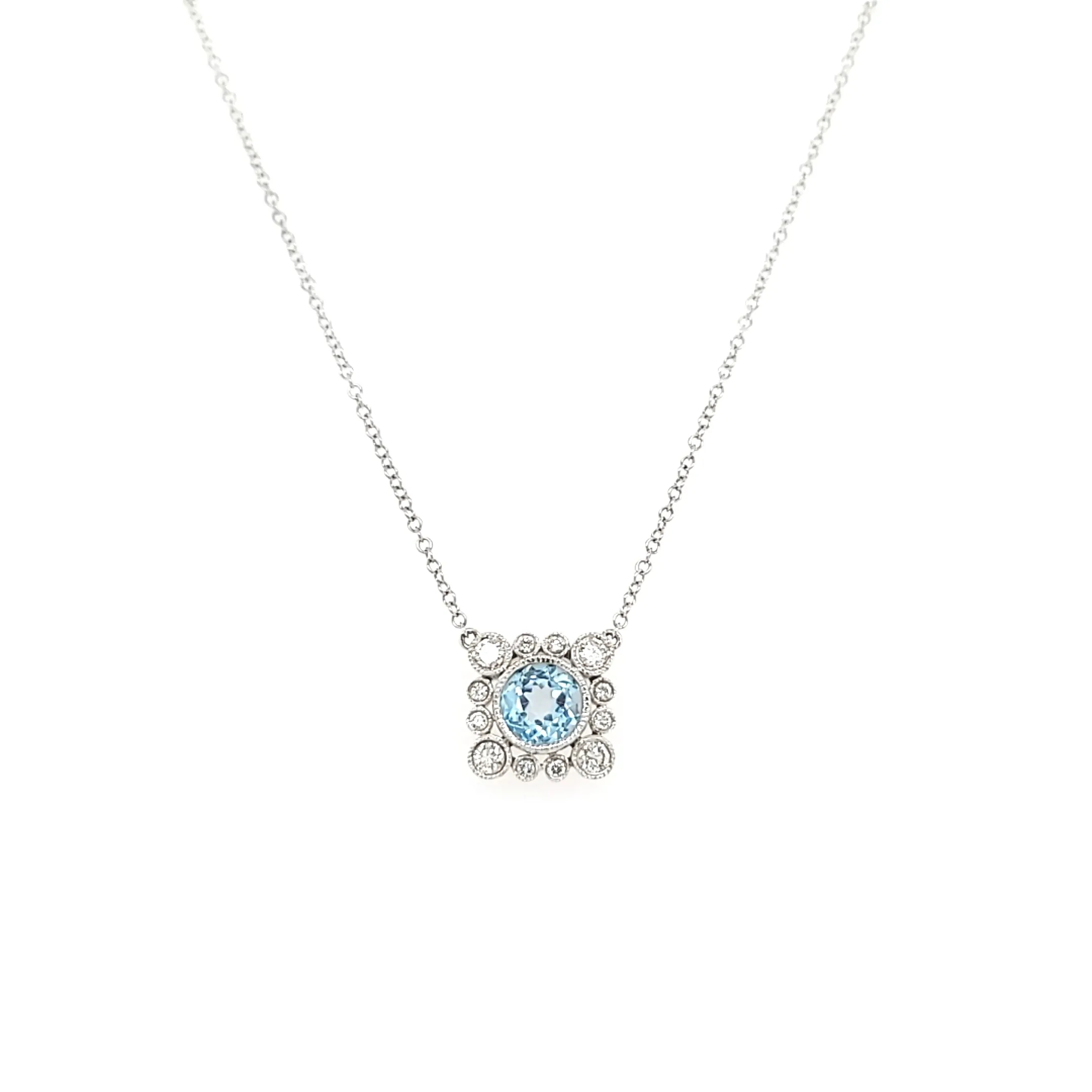 CLEARANCE - 18k Bezel Set Diamond & Aquamarine Necklace (I3826)