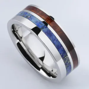 Cobalt Lapis Lazuli Wedding Ring with Koa Wood Flat 8mm