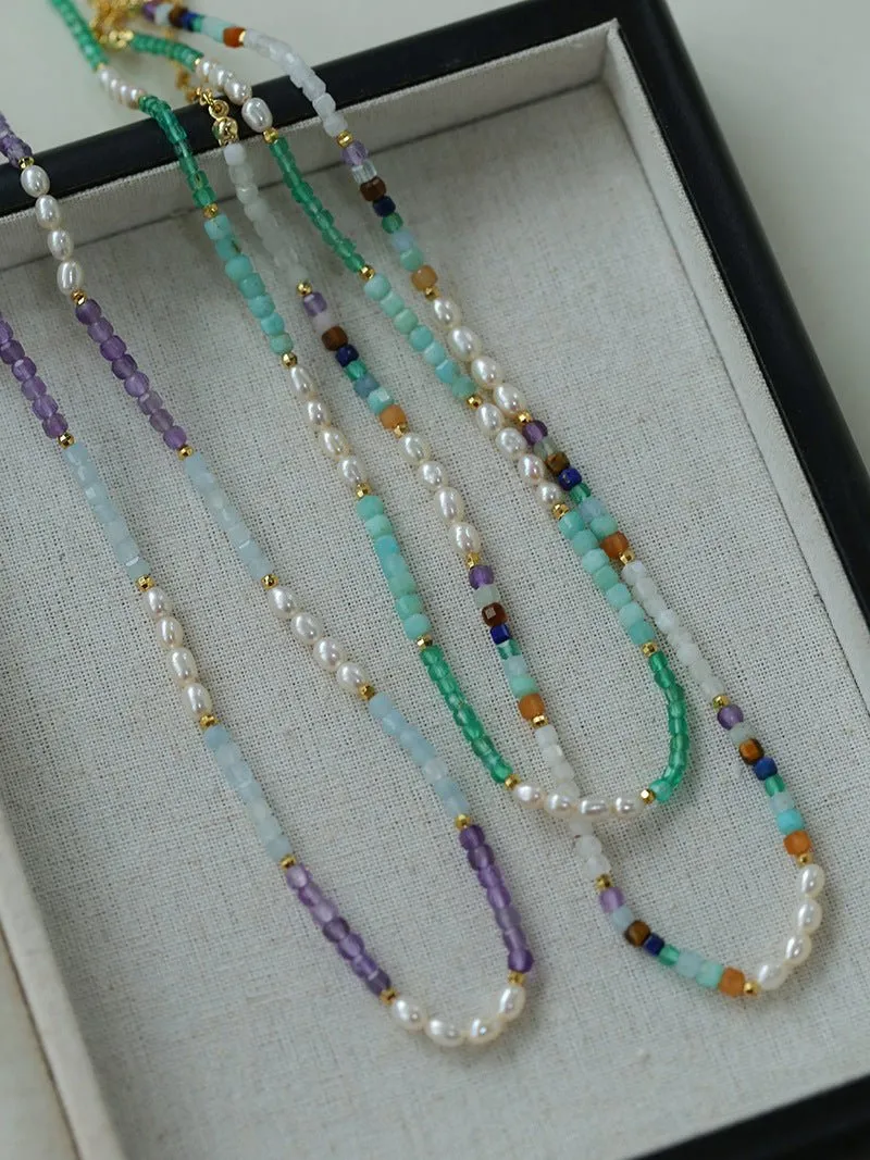 Colorful Faceted Gemstone Summer Vibes Pearl Beaded Necklace