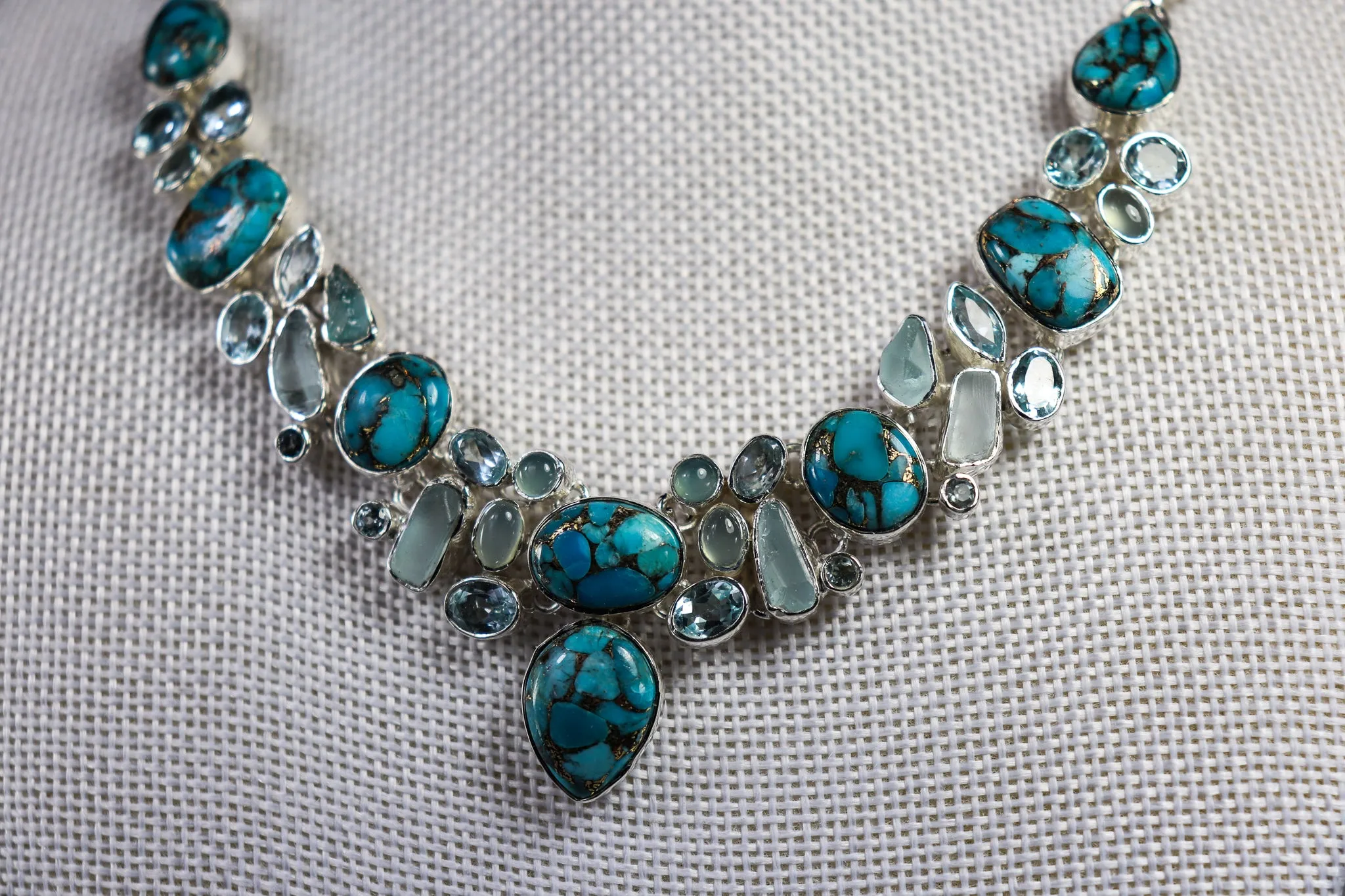 Copper Turquoise, Topaz, Aquamarine and Chalcedony Statement Necklace