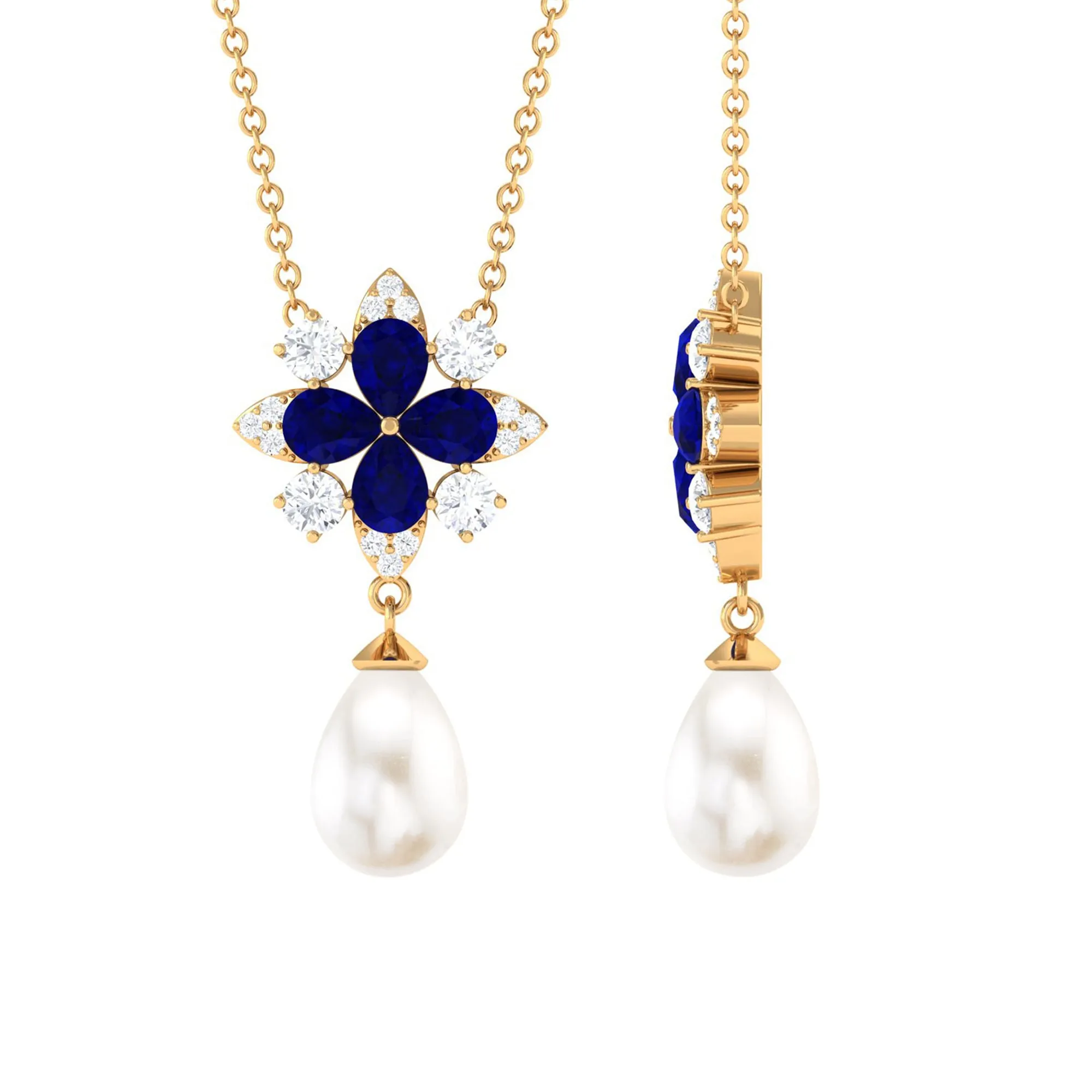 Created Blue Sapphire and Moissanite Flower Necklace with Freshwater Pearl Drop