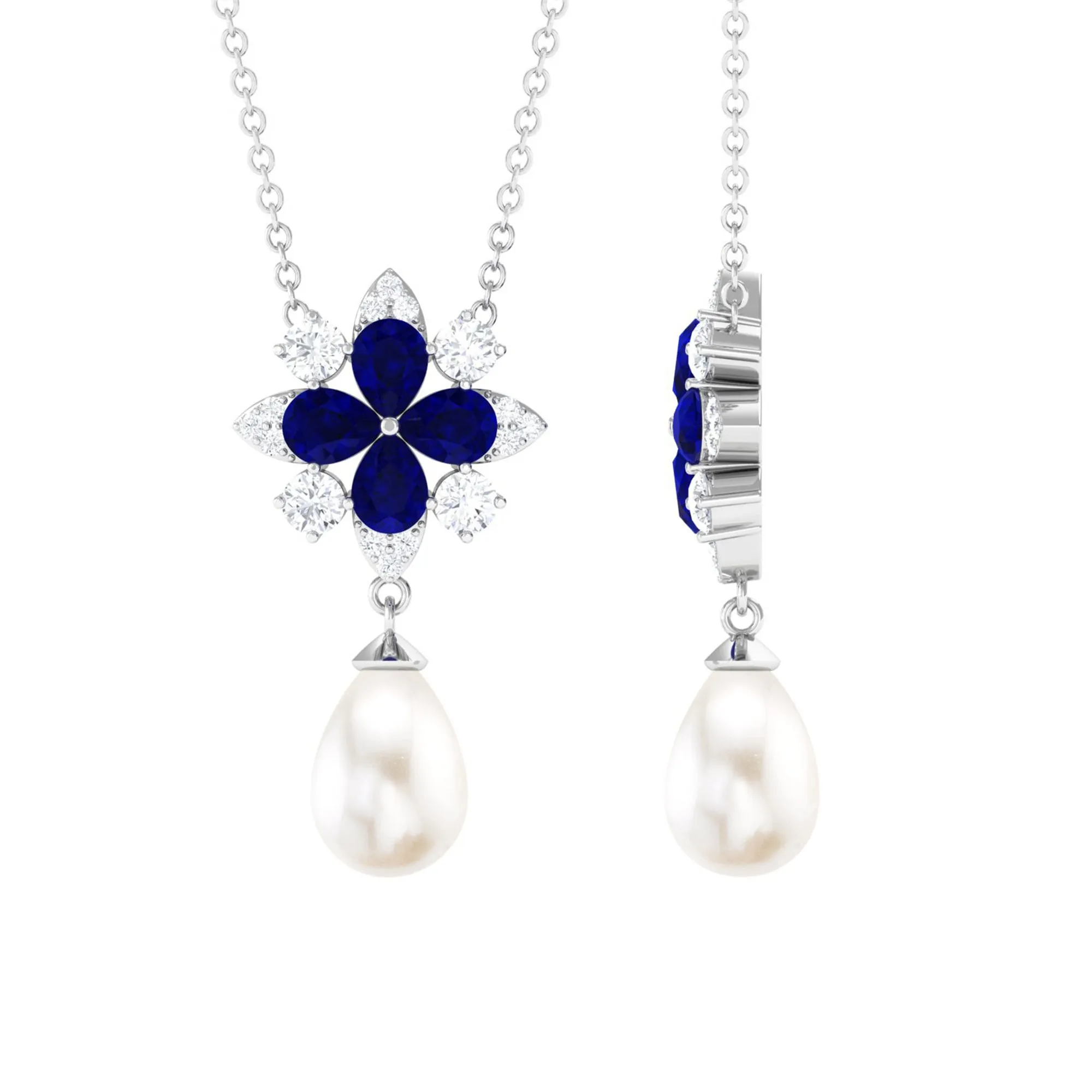 Created Blue Sapphire and Moissanite Flower Necklace with Freshwater Pearl Drop