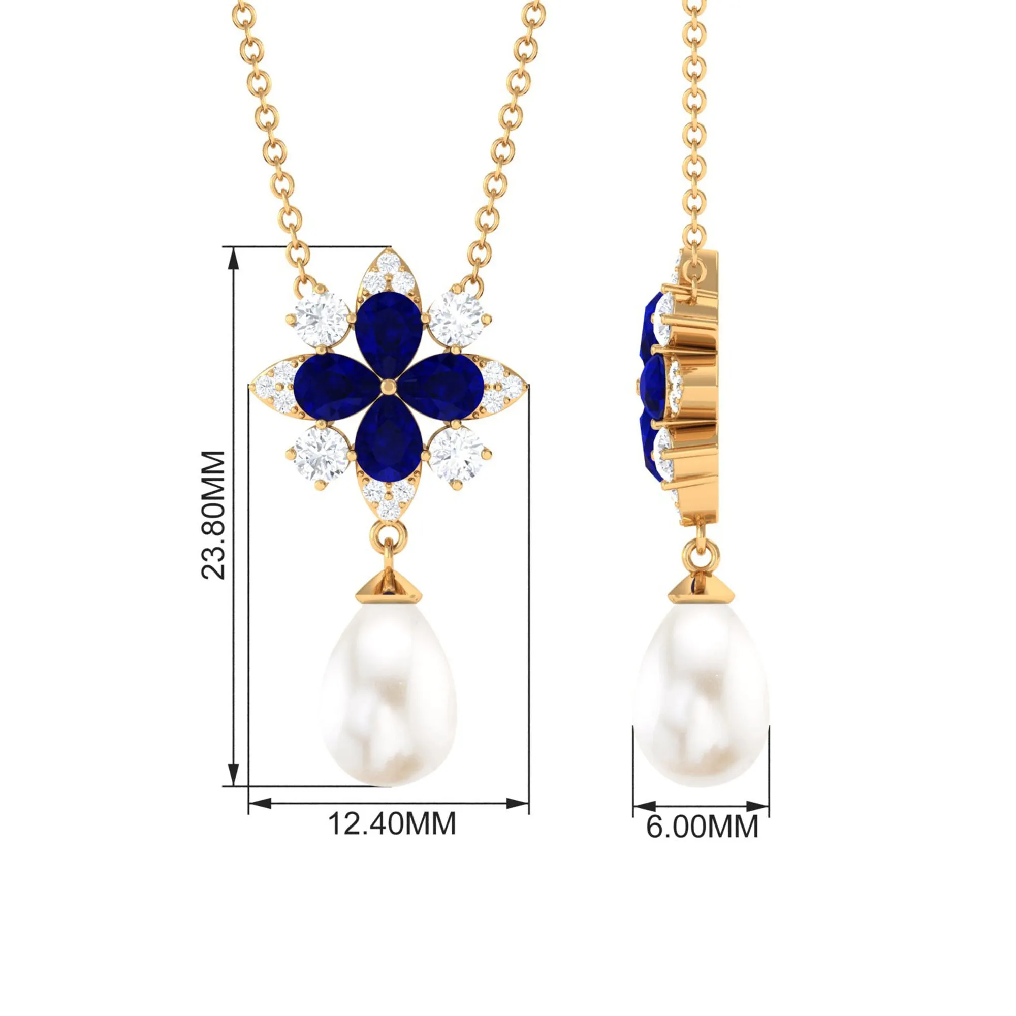 Created Blue Sapphire and Moissanite Flower Necklace with Freshwater Pearl Drop