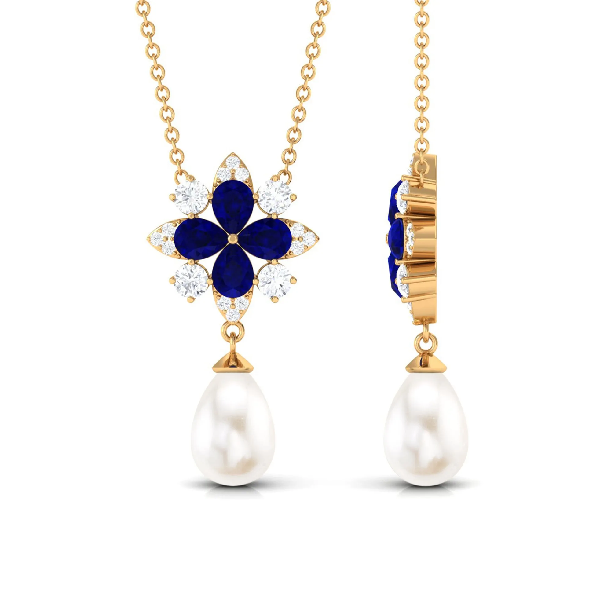 Created Blue Sapphire and Moissanite Flower Necklace with Freshwater Pearl Drop