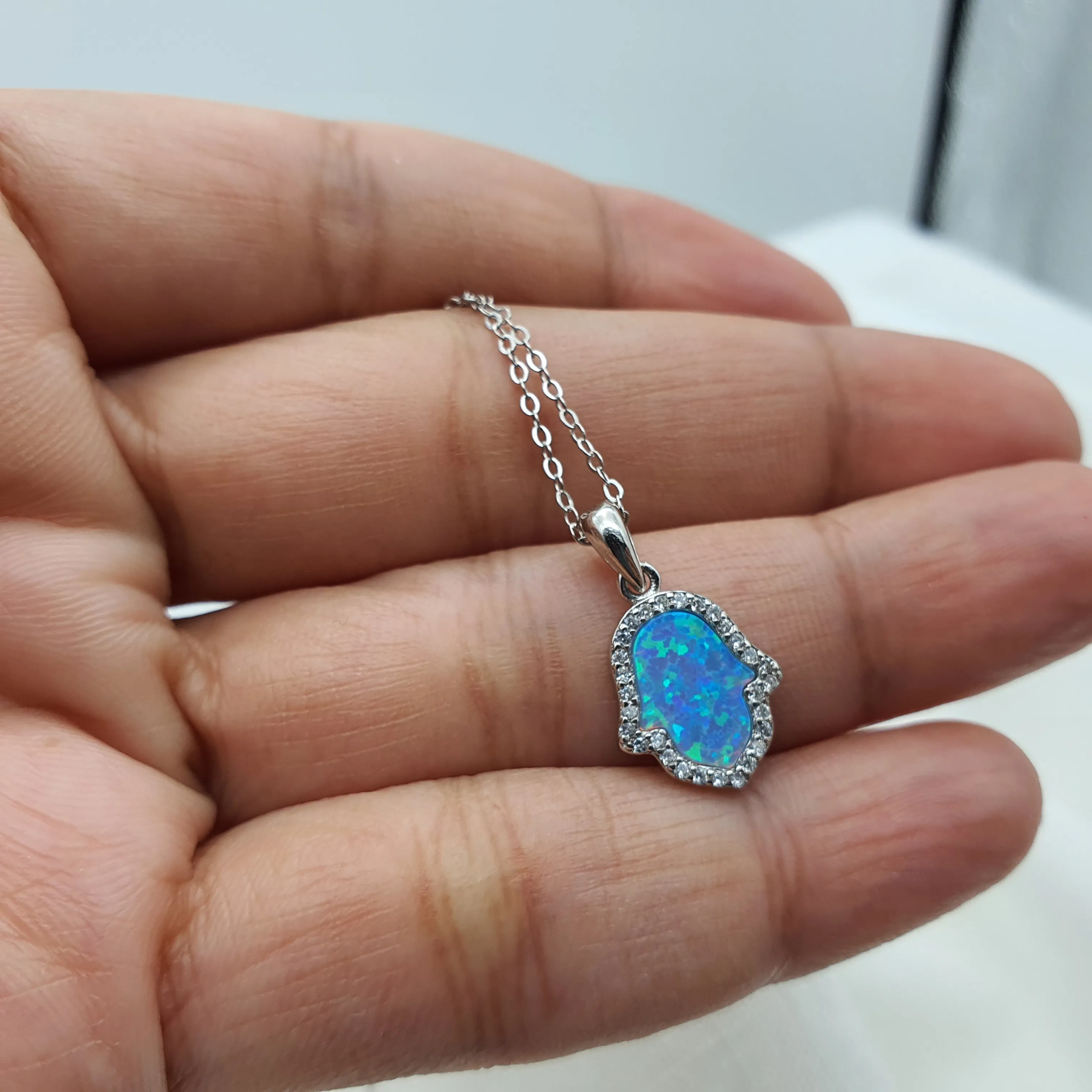 Created Fire Opal Hamsa Necklace, Sterling Silver