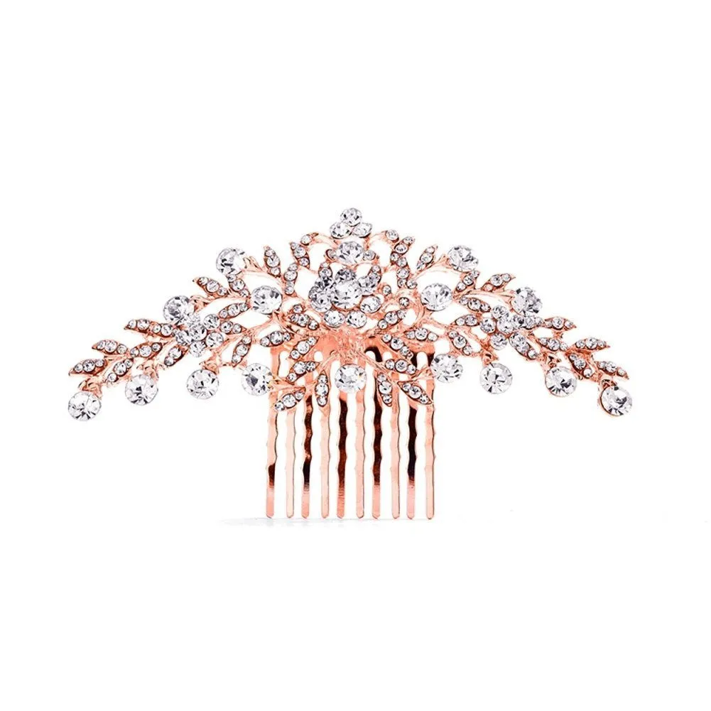 Crystal Comb with Shimmering Rose Gold Leaves