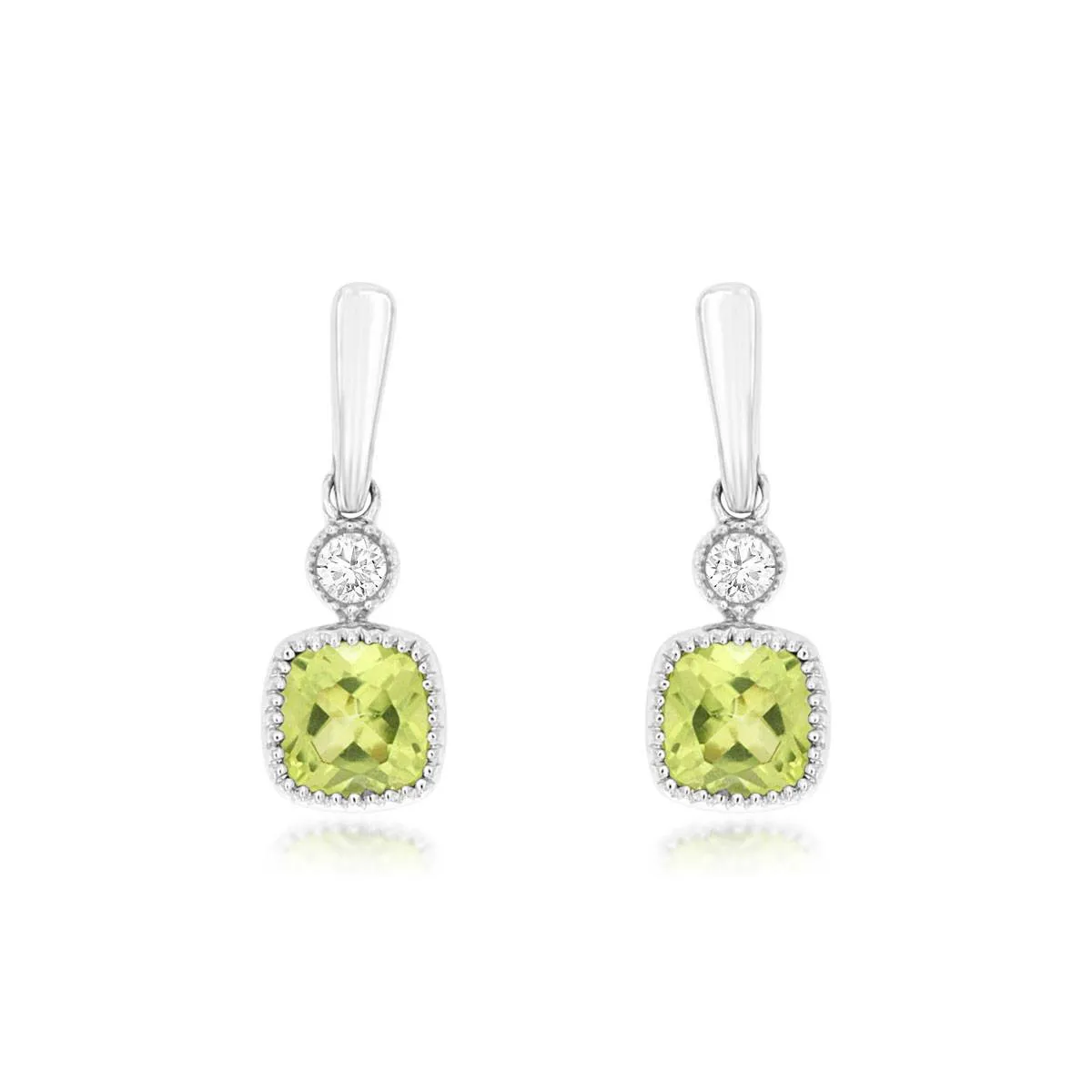 Cushion Cut Light Green Peridot and Round Diamond Dangle Earrings with Milgrain Edge in White Gold