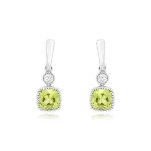 Cushion Cut Light Green Peridot and Round Diamond Dangle Earrings with Milgrain Edge in White Gold