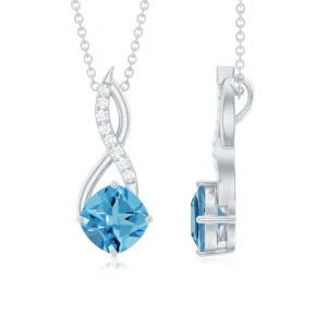 Cushion Cut Swiss Blue Topaz Solitaire Infinity Pendant with Diamond