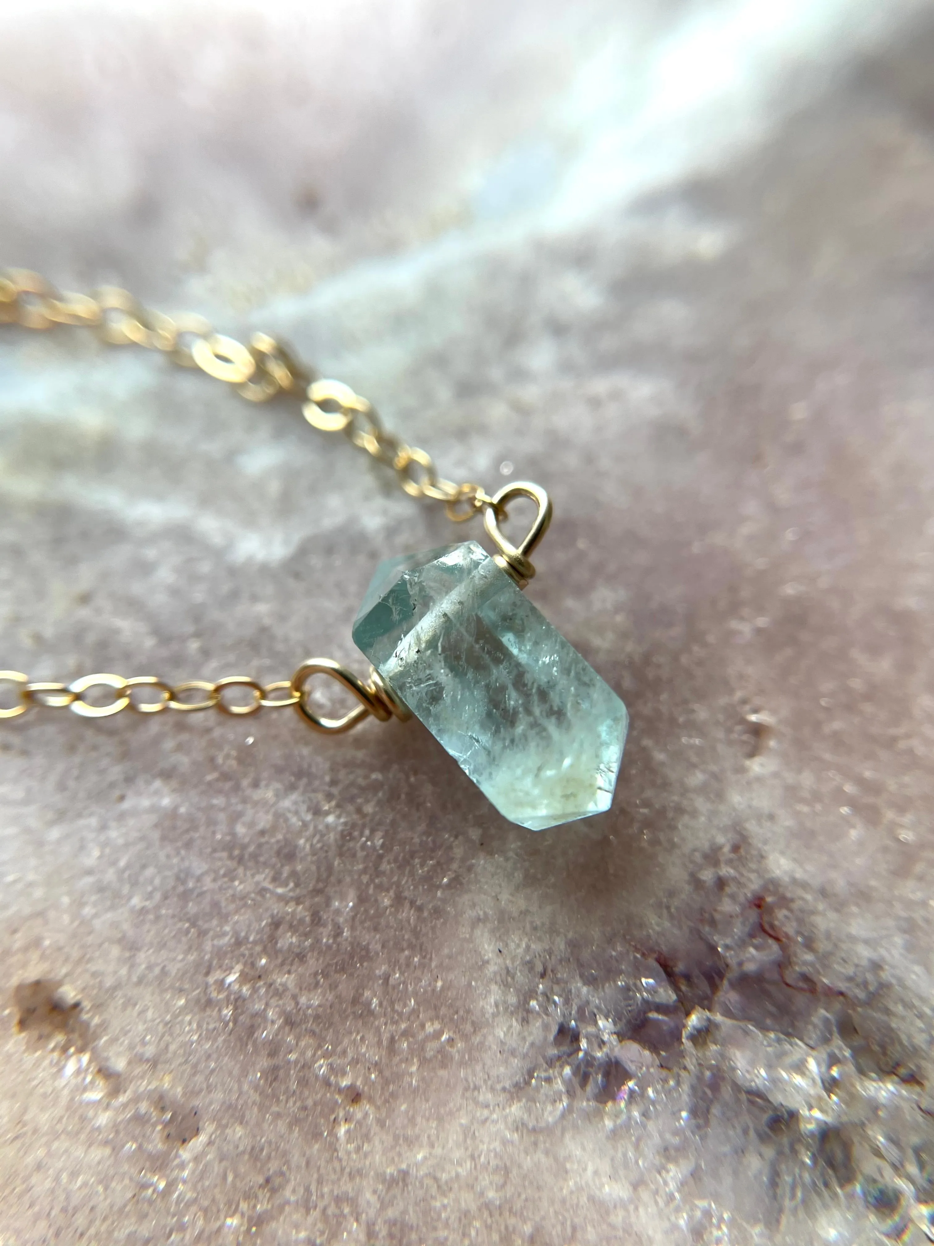 Dainty Petite Aquamarine Point Crystal Necklace in Sterling Silver or Gold