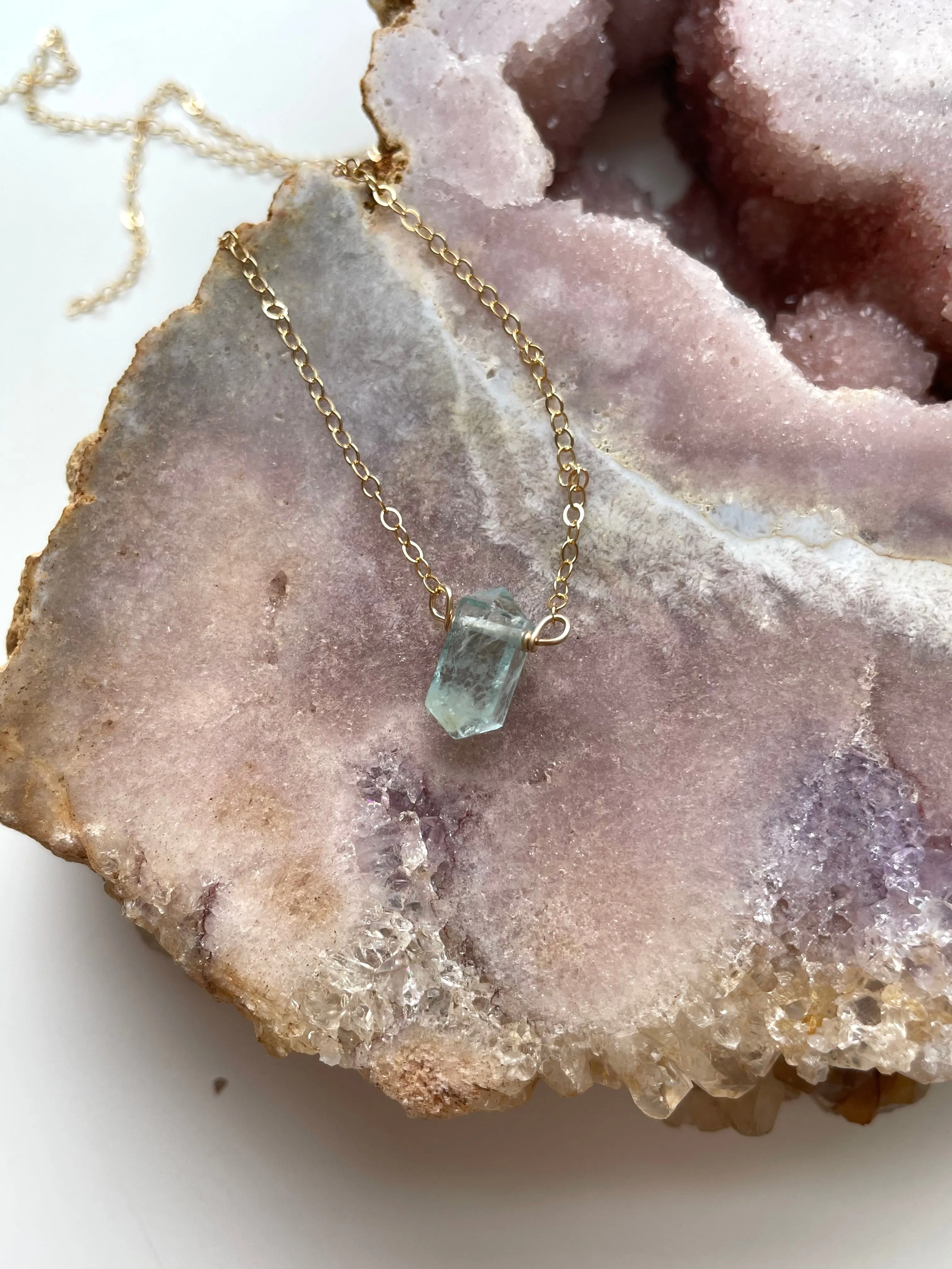 Dainty Petite Aquamarine Point Crystal Necklace in Sterling Silver or Gold