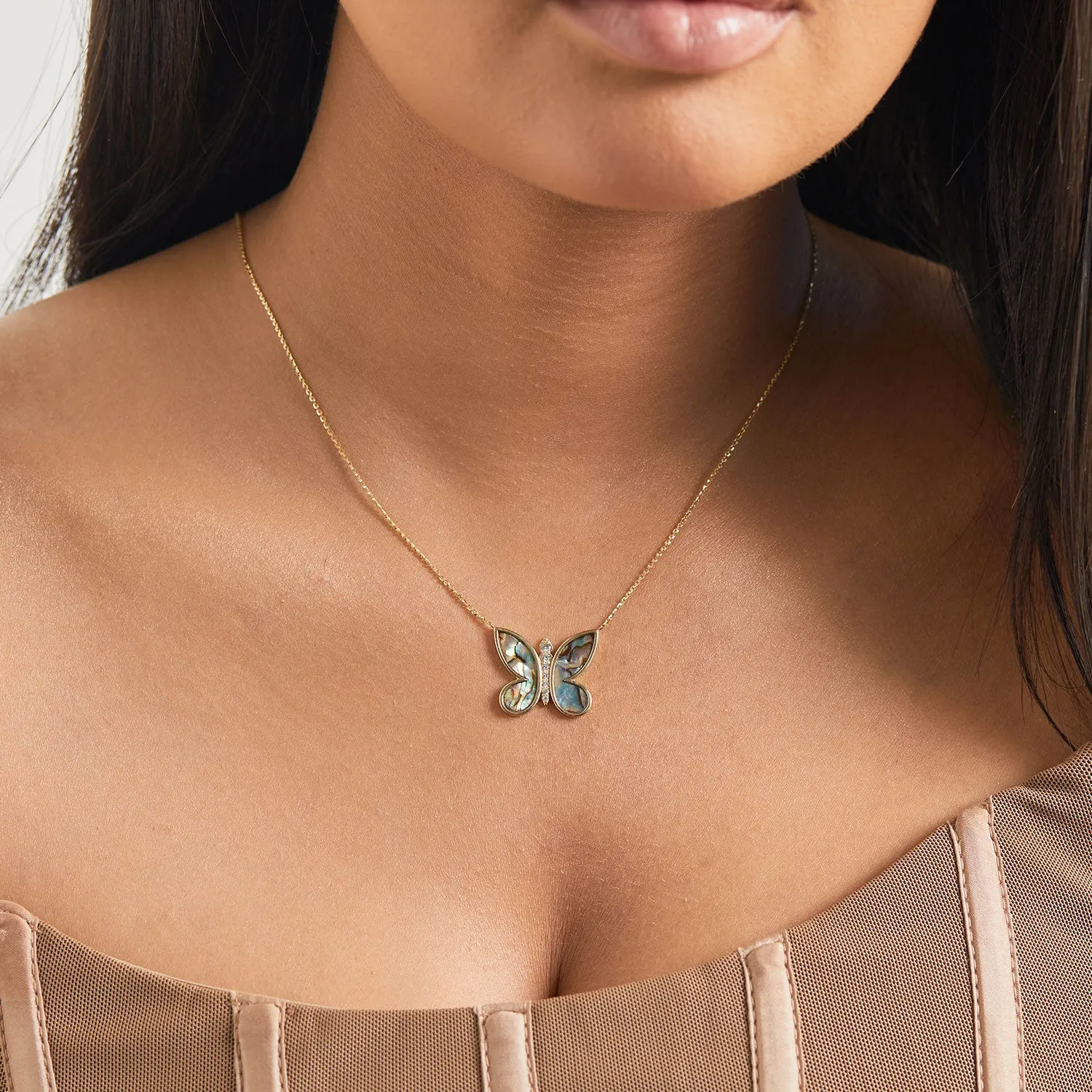 Diamond Abalone Inlay Butterfly Necklace