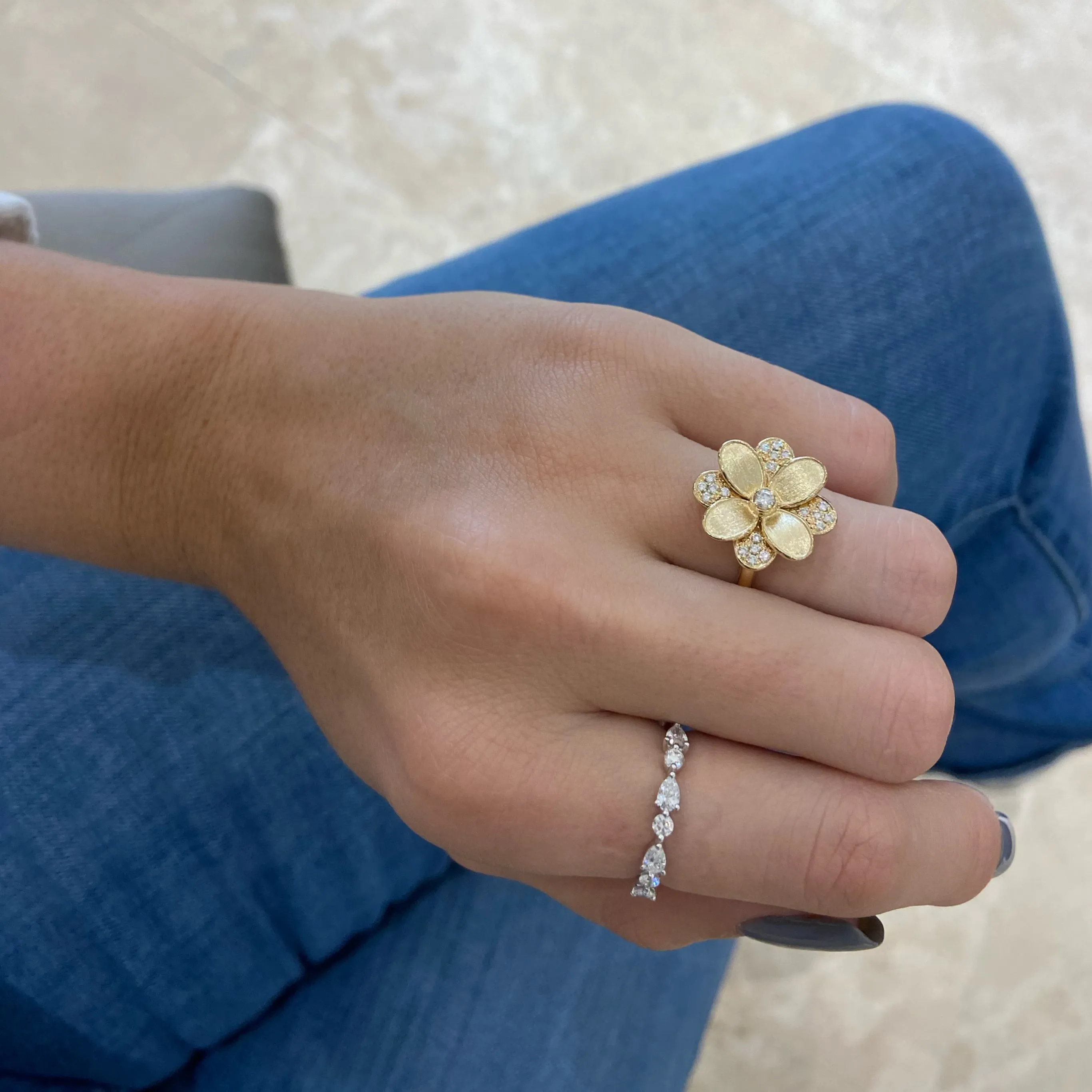 Diamond & Brushed Gold Flower Cocktail Ring