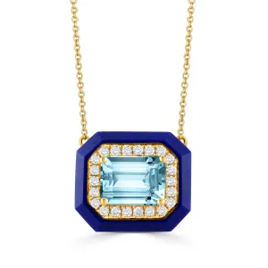 Doves 18K Yellow Gold Octagon Sky Blue Topaz with Diamond and Blue Lapis Border Pendant Necklace