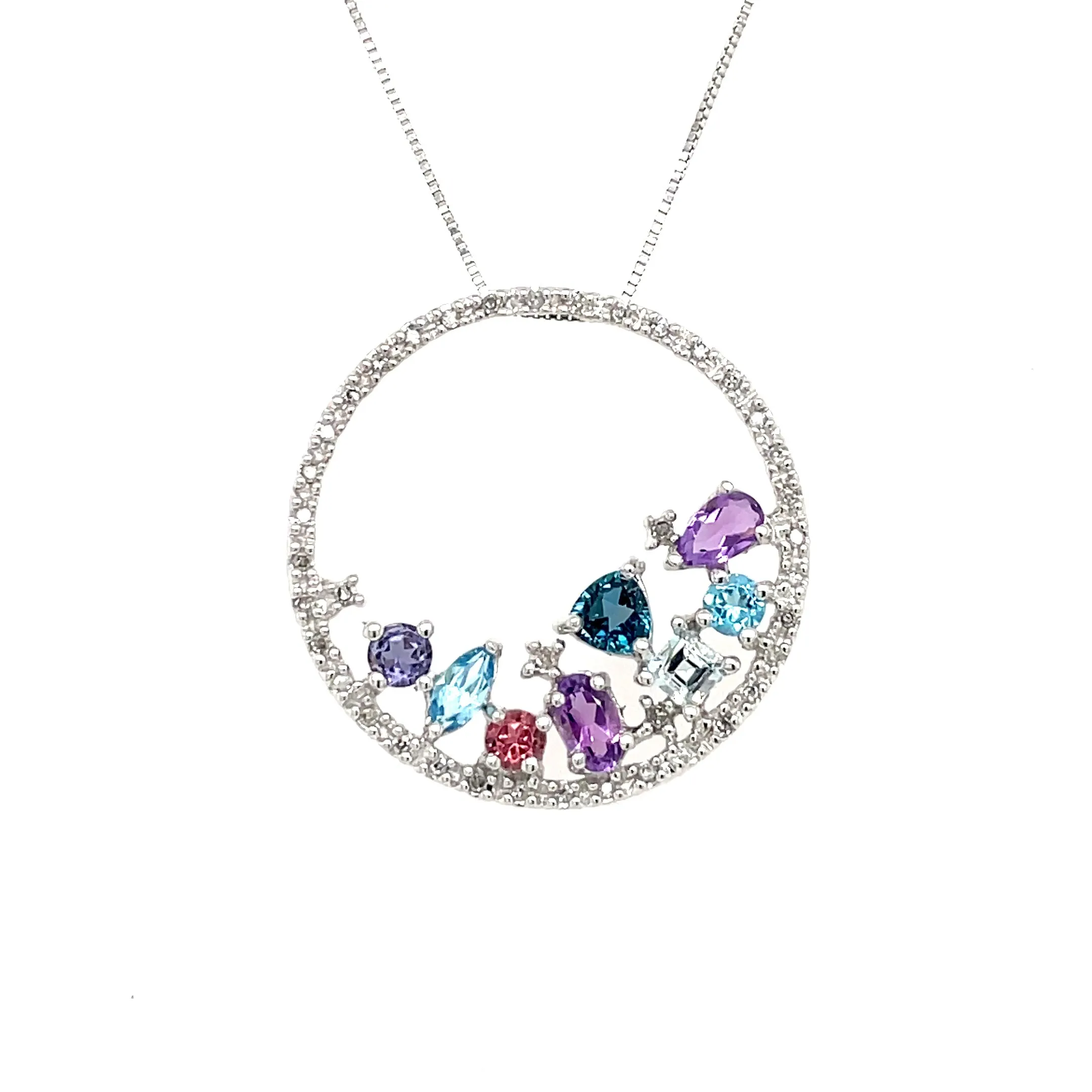 ESTATE 14K WHITE GOLD CIRCLE PENDANT NECKLACE WITH CONFETTI COLORED GEMS