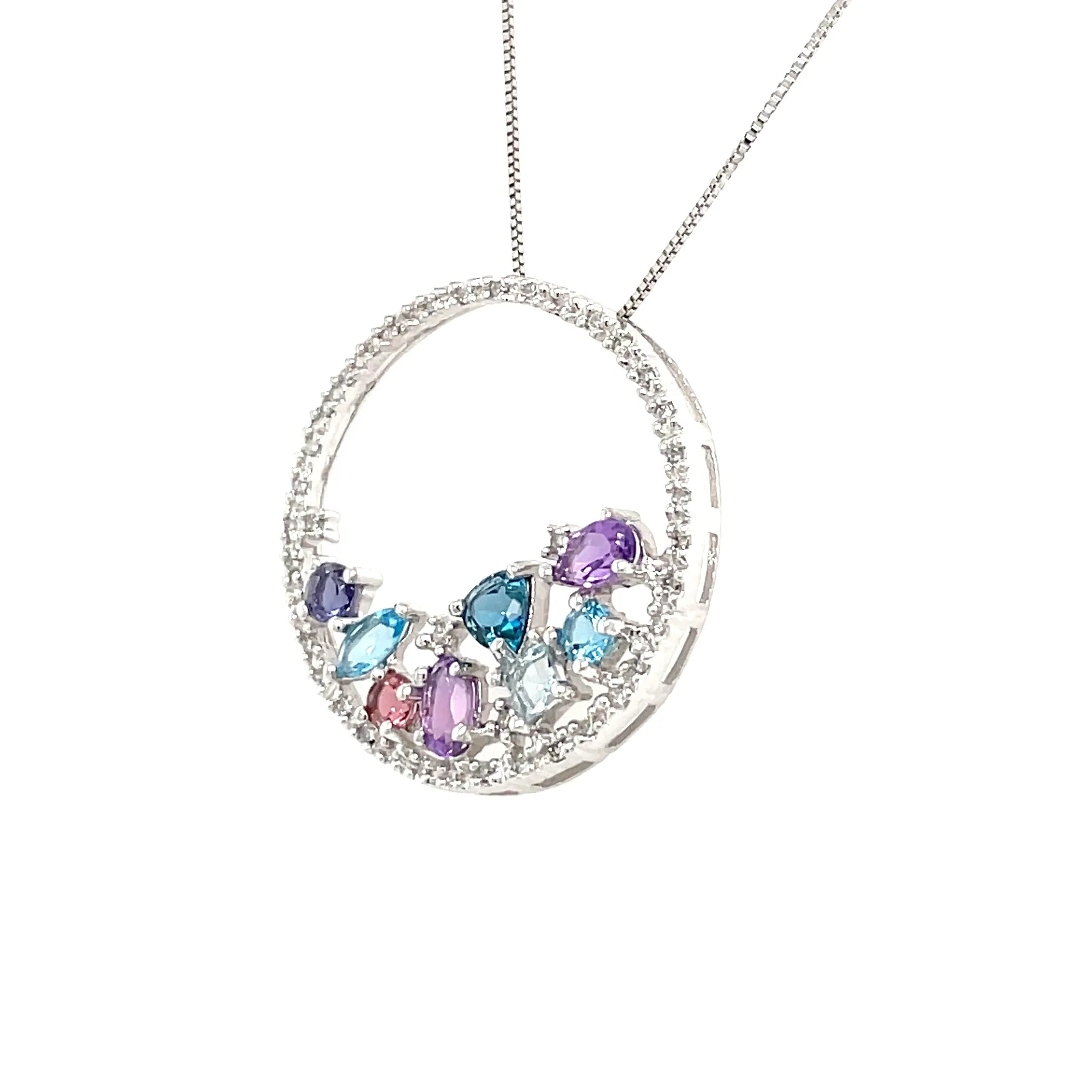 ESTATE 14K WHITE GOLD CIRCLE PENDANT NECKLACE WITH CONFETTI COLORED GEMS