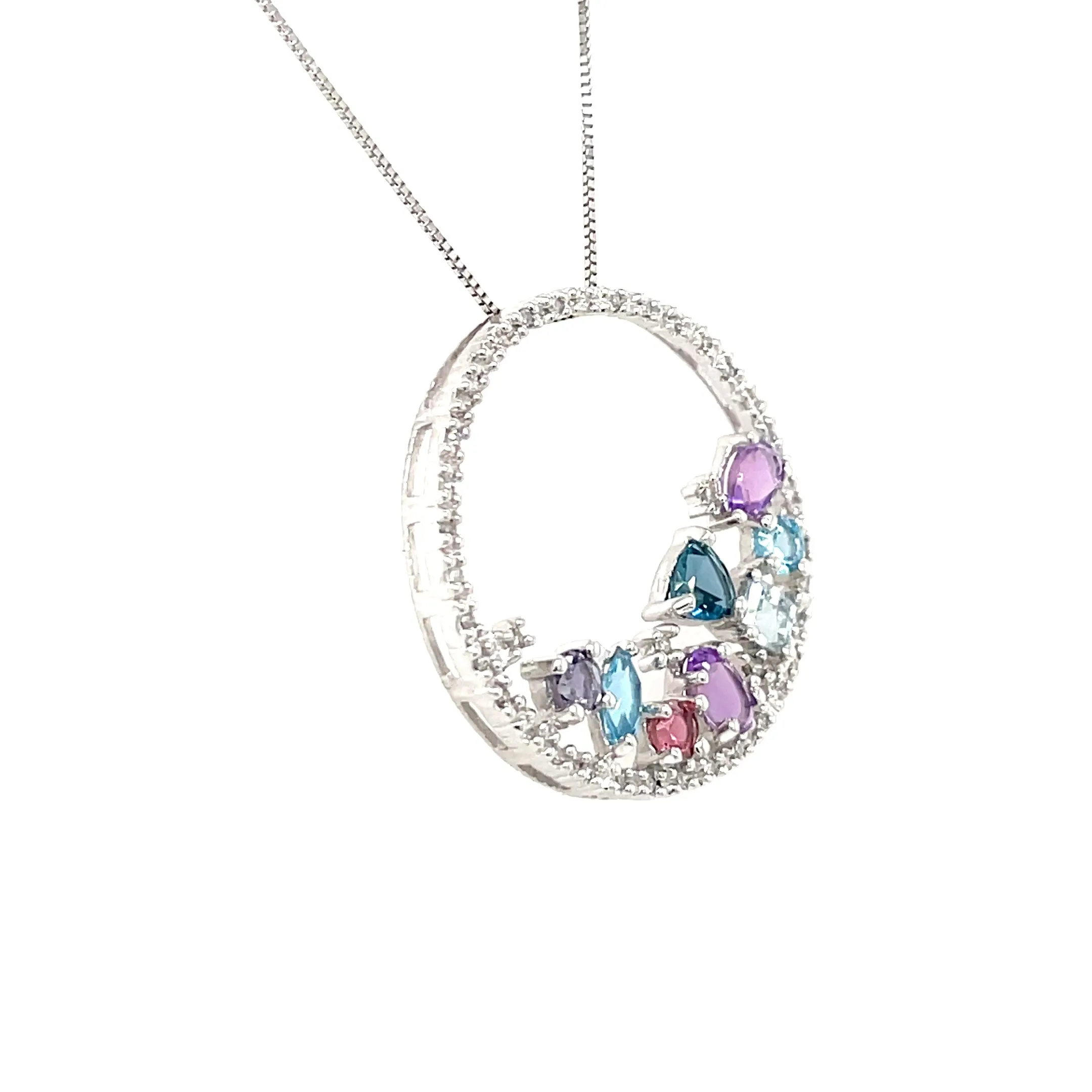 ESTATE 14K WHITE GOLD CIRCLE PENDANT NECKLACE WITH CONFETTI COLORED GEMS