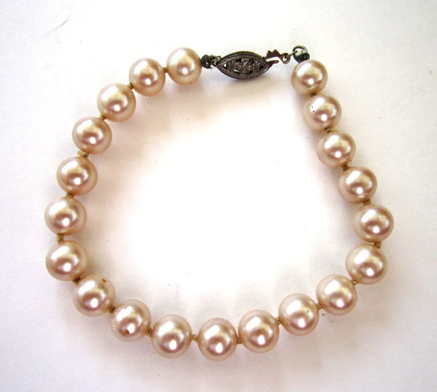 Faux Pearl and Silver Tone Filigree Bracelet