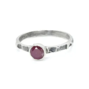 Genuine Ruby Ring - Red Round Ring - Hammered Silver Band