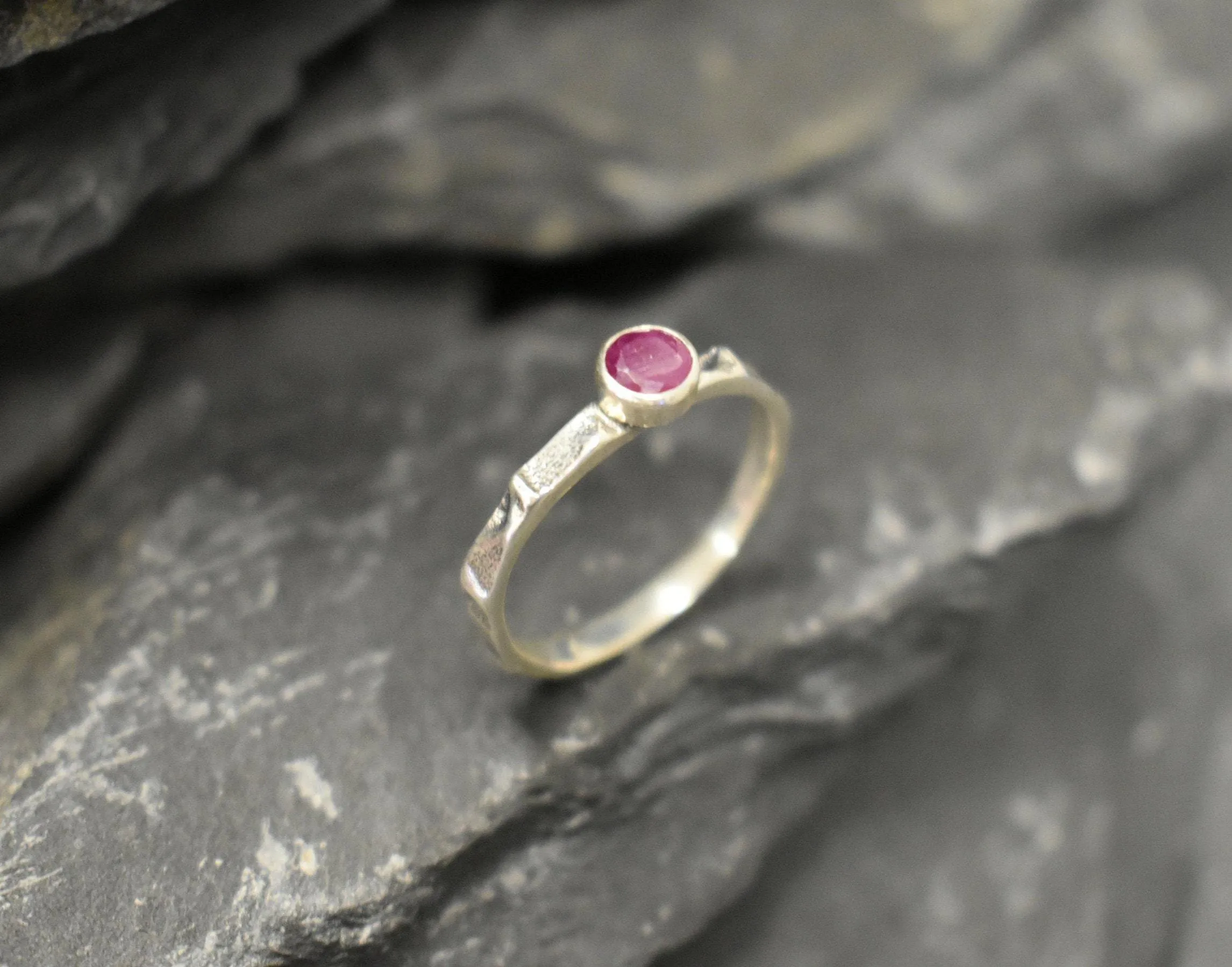 Genuine Ruby Ring - Red Round Ring - Hammered Silver Band