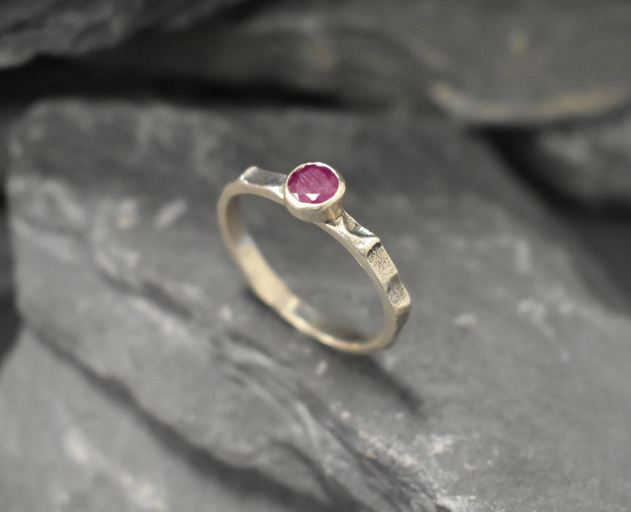 Genuine Ruby Ring - Red Round Ring - Hammered Silver Band