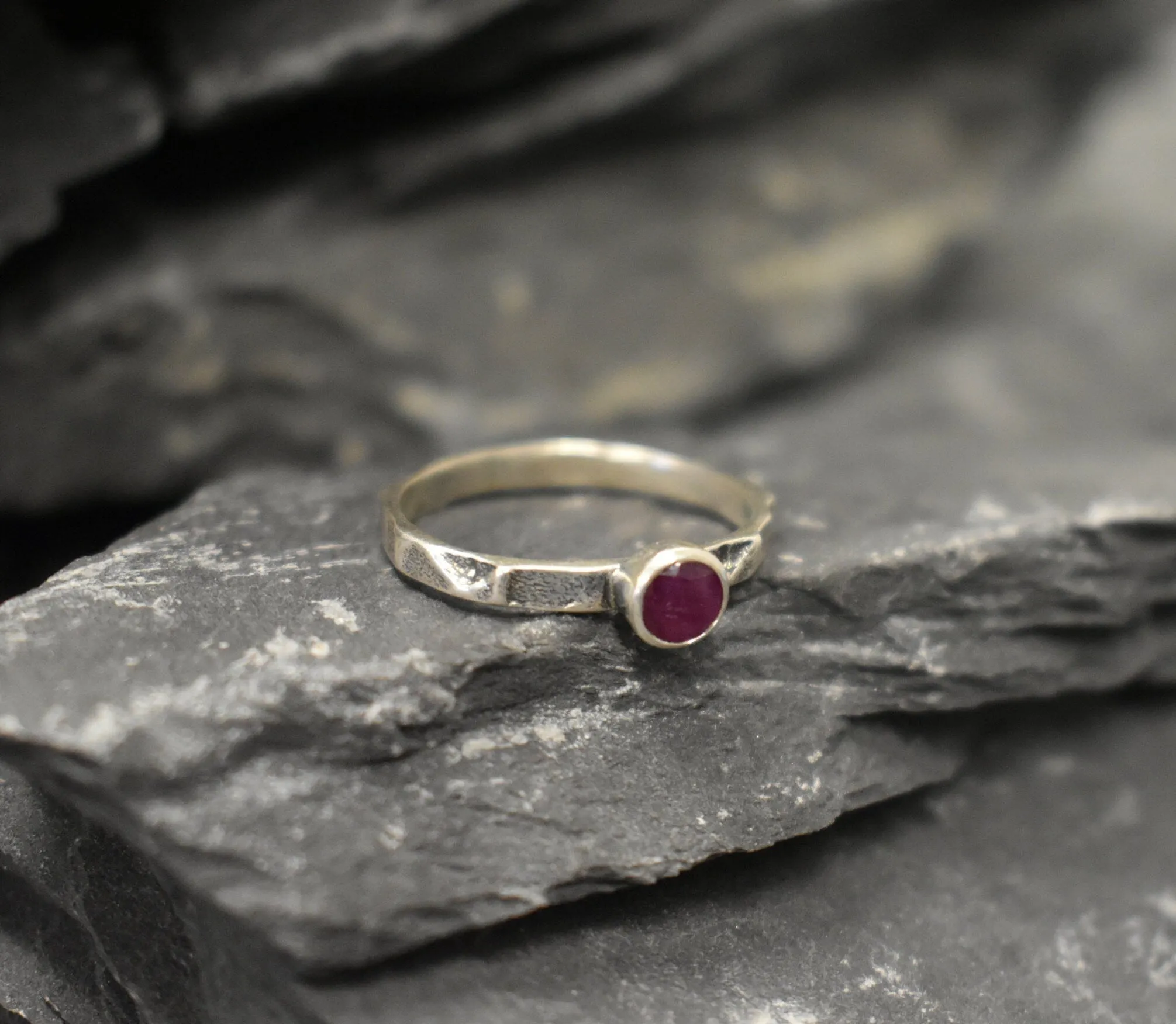 Genuine Ruby Ring - Red Round Ring - Hammered Silver Band