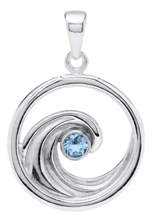 Genuine Sterling Silver Evening Tide Collection Round Frame Wave Necklace with Swiss Blue Topaz